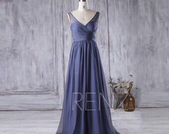 Dark Steel Blue Bridesmaid Dress, V Neck Chiffon Wedding Dress, Long A Line Prom Dress, Women Formal Dress, Evening Gown Floor Length (J027)