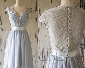 Medium Gray Lace Bridesmaid Dress, Knee Length Wedding Dress, Cap Sleeve Formal Dress,Gray Short Prom Dress, Cocktail Dress(F143)-Renzrags