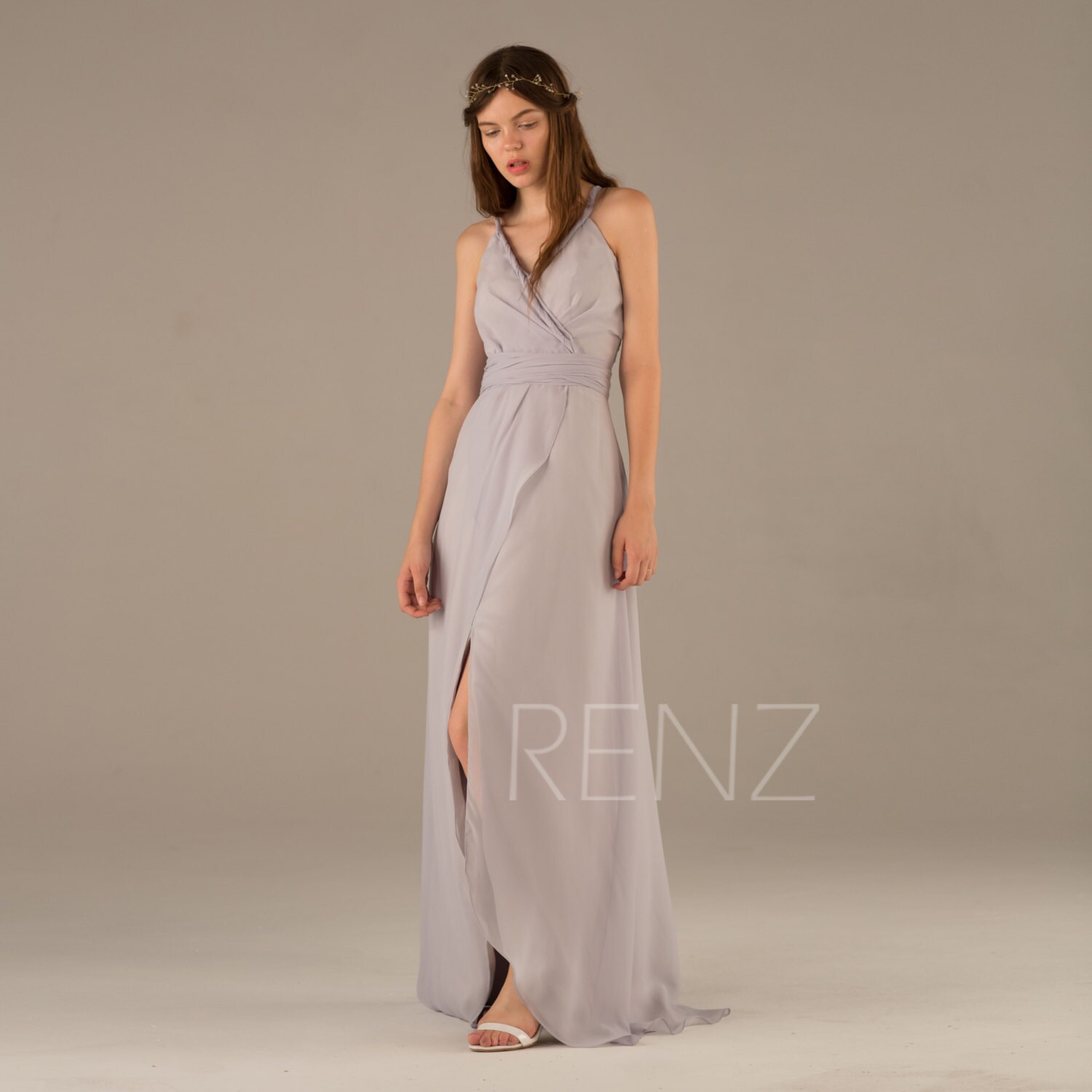 Light Gray Bridesmaid Dress V neck High Low Dress Chiffon