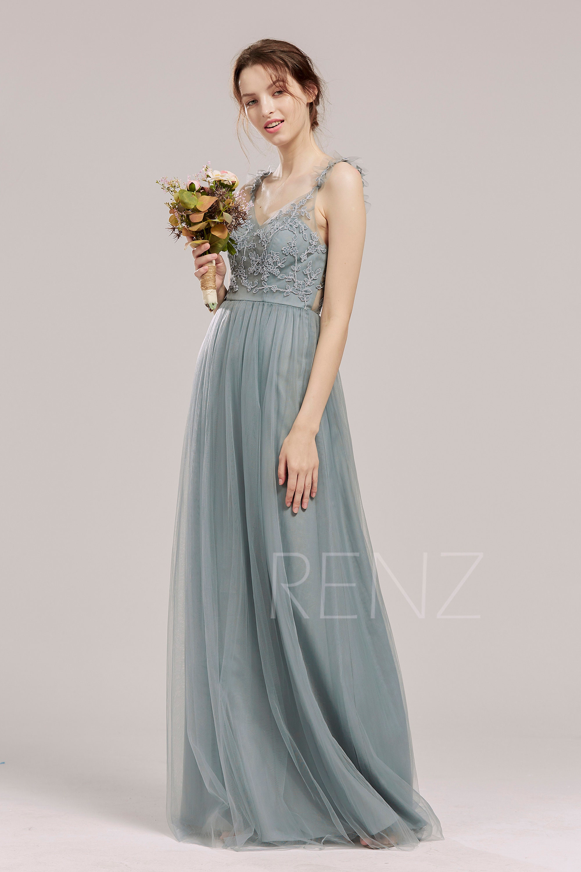 Bridesmaid Dress Dusty Blue Lace Wedding Dress Detachable Off Etsy