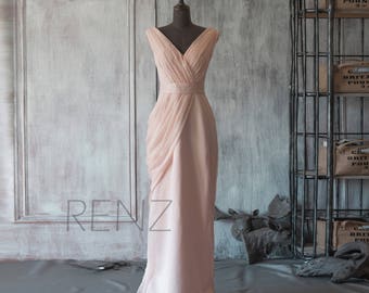 Bridesmaid Dress Peach Chiffon Dress,Wedding Dress,Long Ruched V Neck Prom Dress,Asymmetrical Maxi Dress,Fitted Evening Dress(F107)-Renzrags