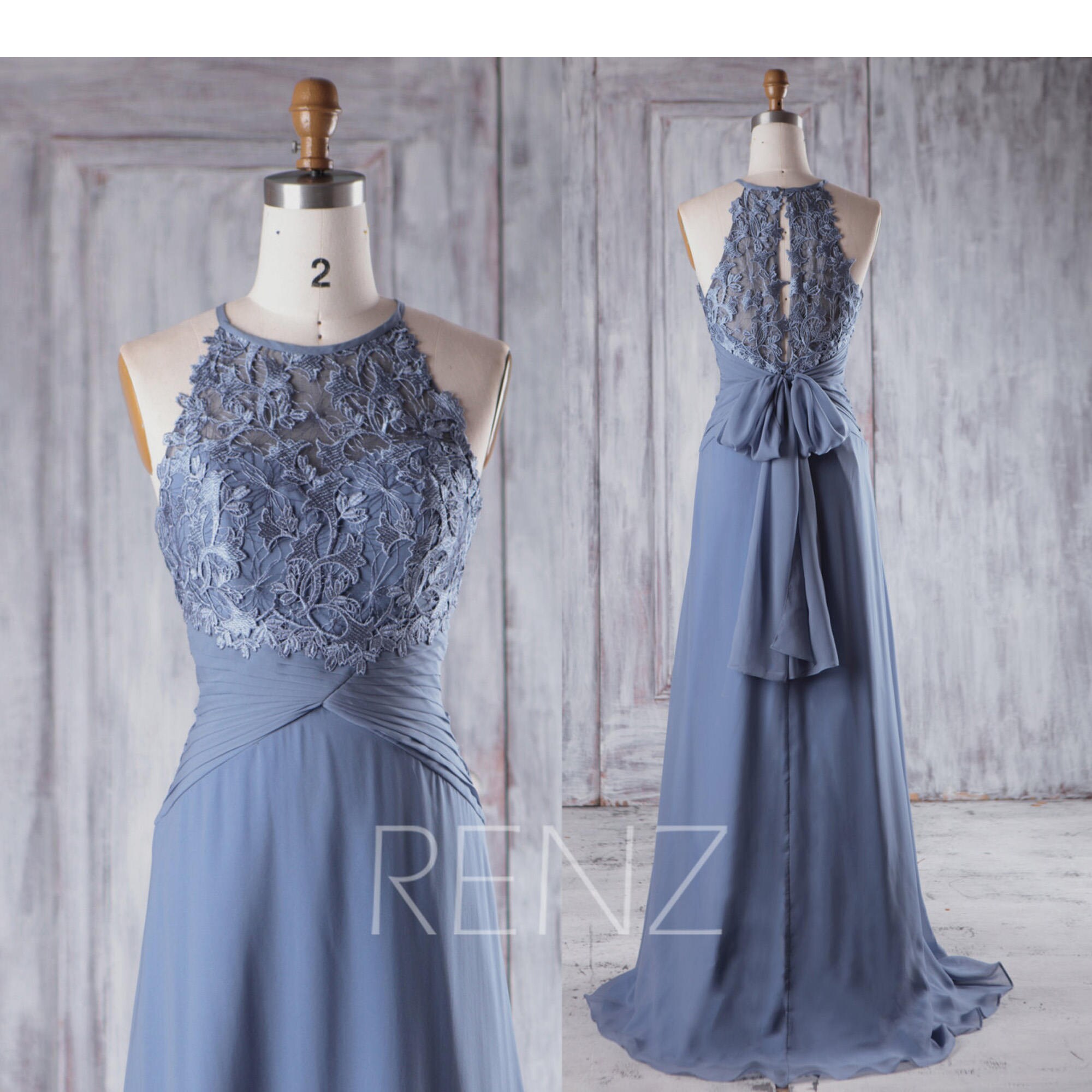 Bridesmaid Dress Steel Blue Chiffon Wedding Dress Bow Back Bridesmaid Dress Steel Blue Chiffon Wedding Dress Bow Back
