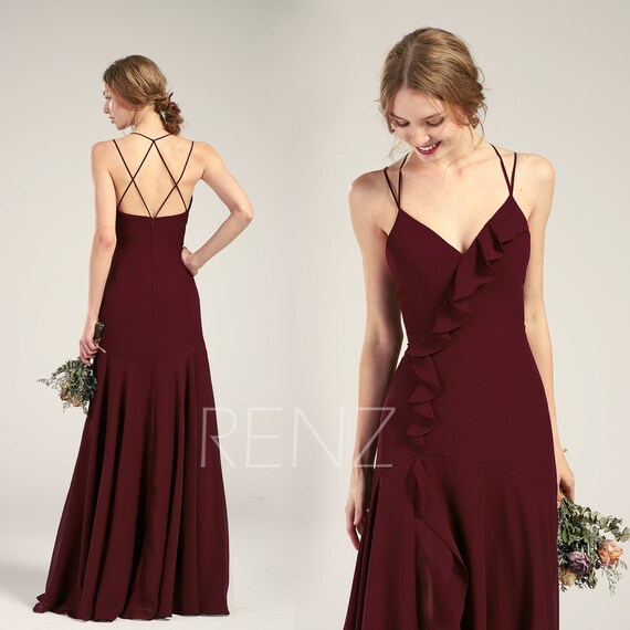 Bridesmaid Dress Maroon Chiffon Wedding Dress V Neck Maxi | Etsy