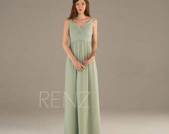 Bridesmaid Dress Dusty Mint Chiffon Dress,Wedding Dress,Ruched V Neck Empire Waist Prom Dress,Sleeveless A Line Maxi Dress(T111) Renzrags