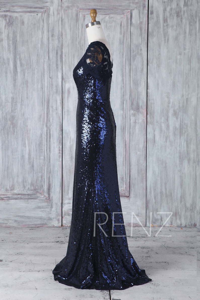 HQ448 Navy Blue Sequin Bridesmaid Dress Lace Illusion Sweetheart Wedding Dress Short Sleeve Mother of Bride Dress Fitted Long Evening Dress