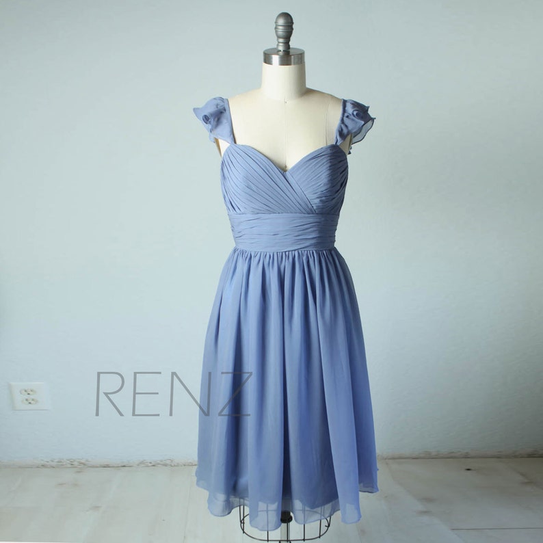 steel blue short bridesmaid dresses