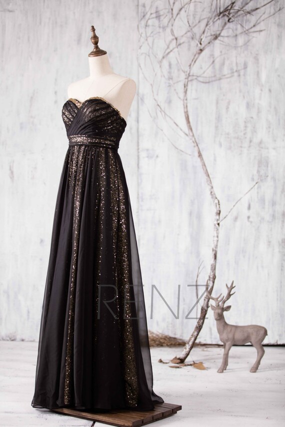 Black Chiffon Bridesmaid Dress Long Gold Sequin Wedding Dress Etsy