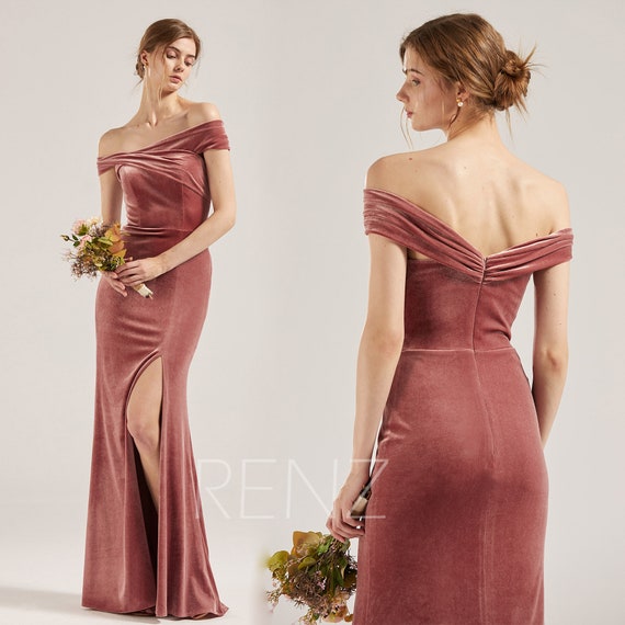 dusty rose off the shoulder bridesmaid dress