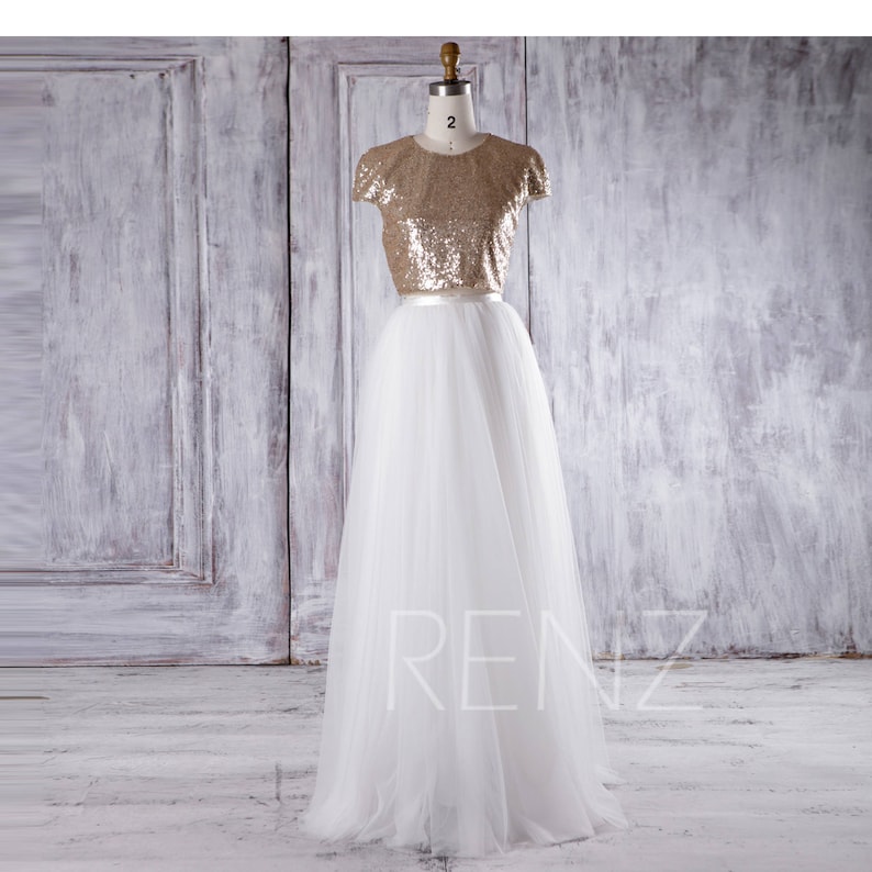 Gold White and Off the Shoulder Bridesmaid Dress