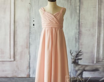 Peach Junior Bridesmaid Dress, Double Straps Flower Girl Dress, Maxi Dress, Long Cocktail Dress Floor Length (FK307)-Renzrags