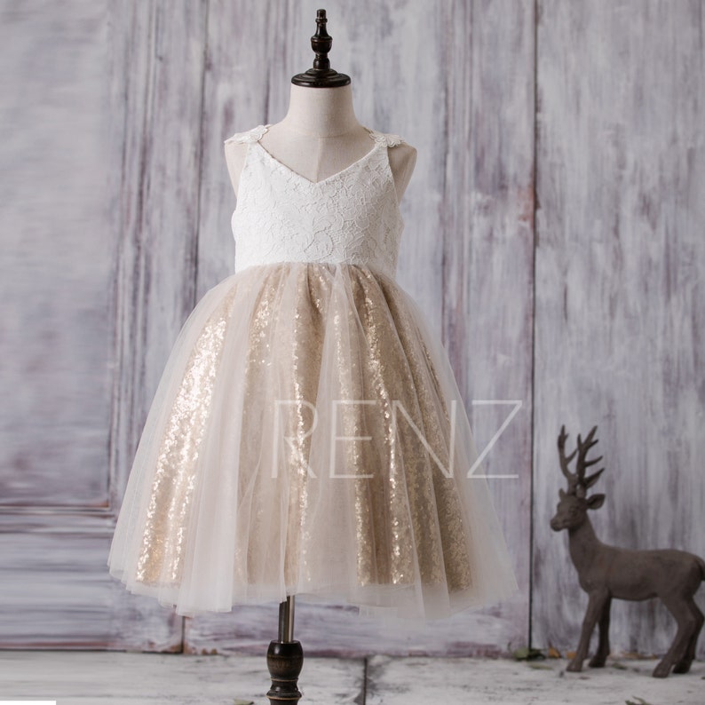Flower Girl Dress Off White Rustic Junior Bridesmaid Dress Tutu Golden Sequin Lace Communion Dress V Neck Flower Girl Dresses FK291