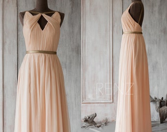 Bridesmaid Dress Peach Chiffon Dress,Wedding Dress,Hollow Neck Party Dress,Ruched Formal Dress,Backless A Line Maxi Dress (F063A1)-Renzrags