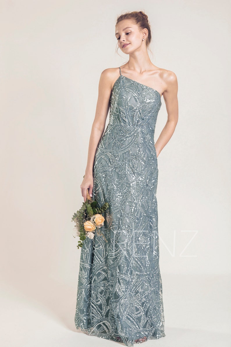 Party Dress Dusty Blue Prom Dress One Shoulder Sequin Dress Etsy