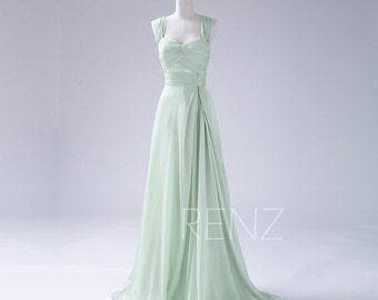 Bridesmaid Dress Dusty Mint Chiffon Dress,Double Straps Party Dress,Ruched Sweetheart Evening Dress,Long A Line Maxi Dress (F108)-Renzrags