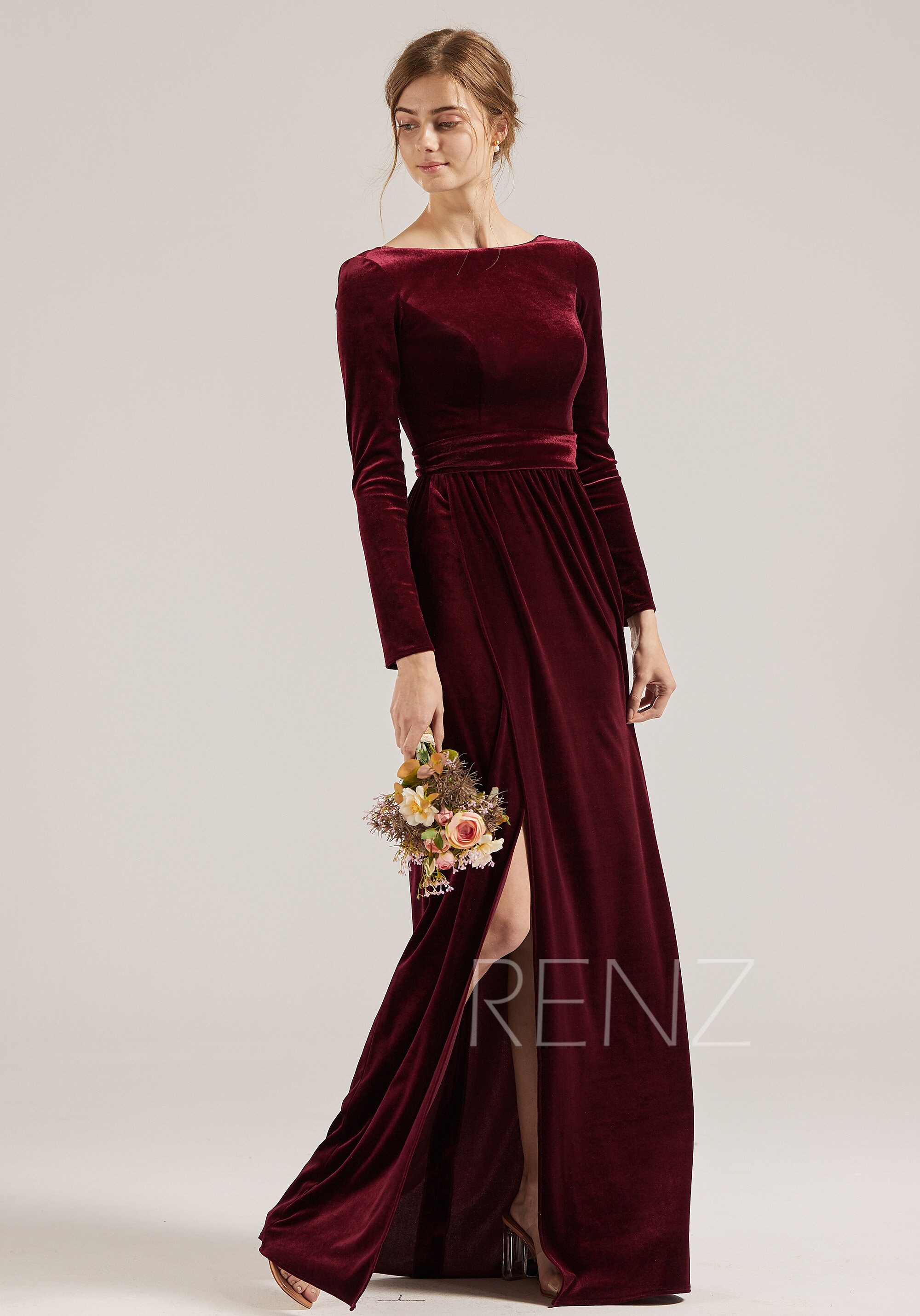 Velvet Bridesmaid Dress Burgundy Party Dress Long Sleeves Etsy