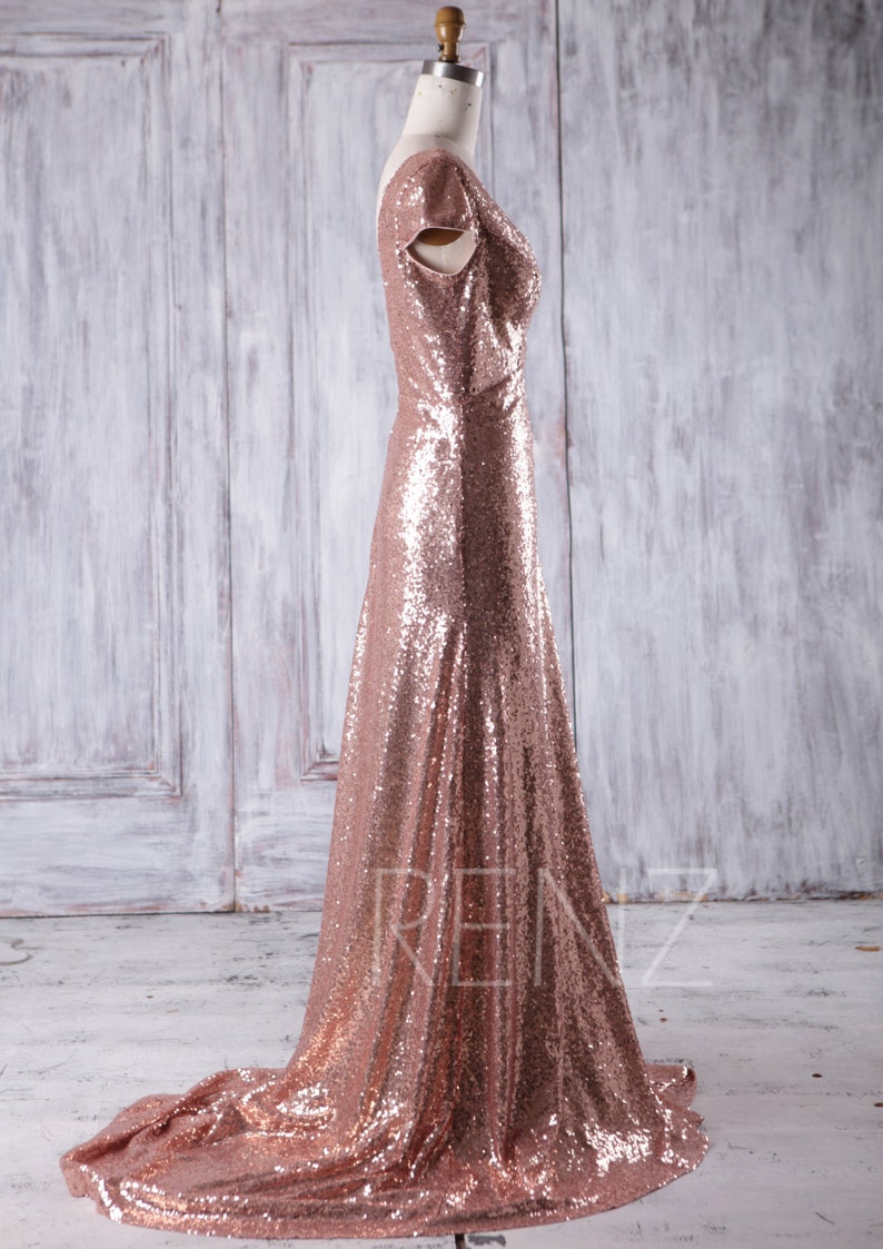 Rose Gold Sequin Bridesmaid Dress Train Sexy Deep V Neck | Etsy