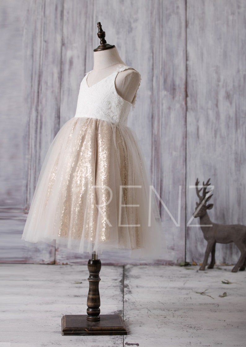 Flower Girl Dress Off White Rustic Junior Bridesmaid Dress Tutu Golden Sequin Lace Communion Dress V Neck Flower Girl Dresses FK291