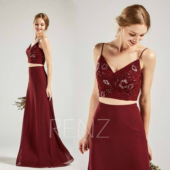 maroon two piece prom dress