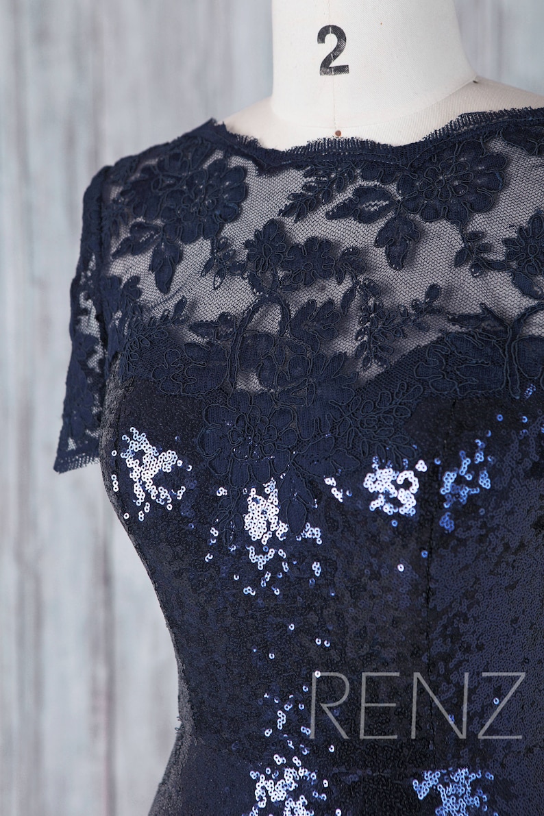 HQ448 Navy Blue Sequin Bridesmaid Dress Lace Illusion Sweetheart Wedding Dress Short Sleeve Mother of Bride Dress Fitted Long Evening Dress