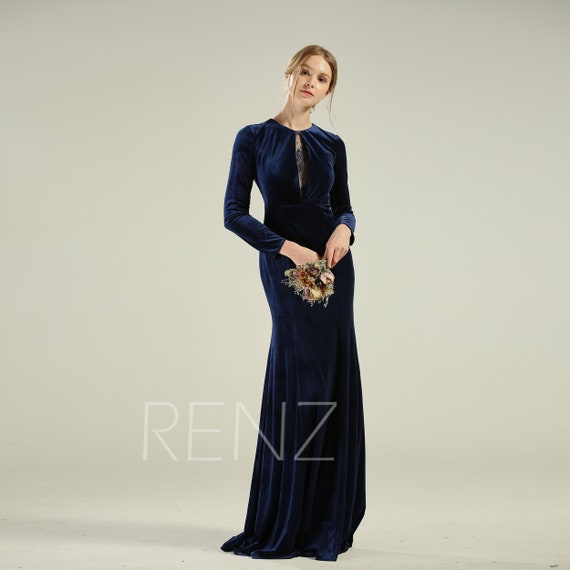 navy long sleeve velvet dress