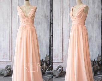 Bridesmaid Dress Peach Chiffon Dress,Wedding Dress,V Neck Formal Dress,Halter Spaghetti Strap Party Dress,A-line Maxi Dress(F088)-Renzrags