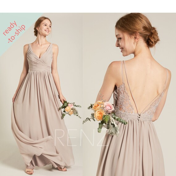Bridesmaid Dress Taupe Chiffon Prom Dress Long Ruched V Neck Etsy