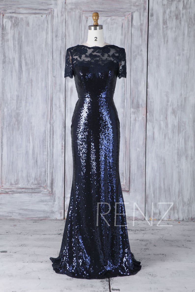 HQ448 Navy Blue Sequin Bridesmaid Dress Lace Illusion Sweetheart Wedding Dress Short Sleeve Mother of Bride Dress Fitted Long Evening Dress