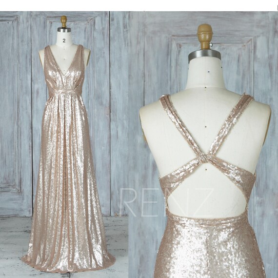 Tan Sequin Bridesmaid Dress Ruched V Neck Party Dress Criss | Etsy