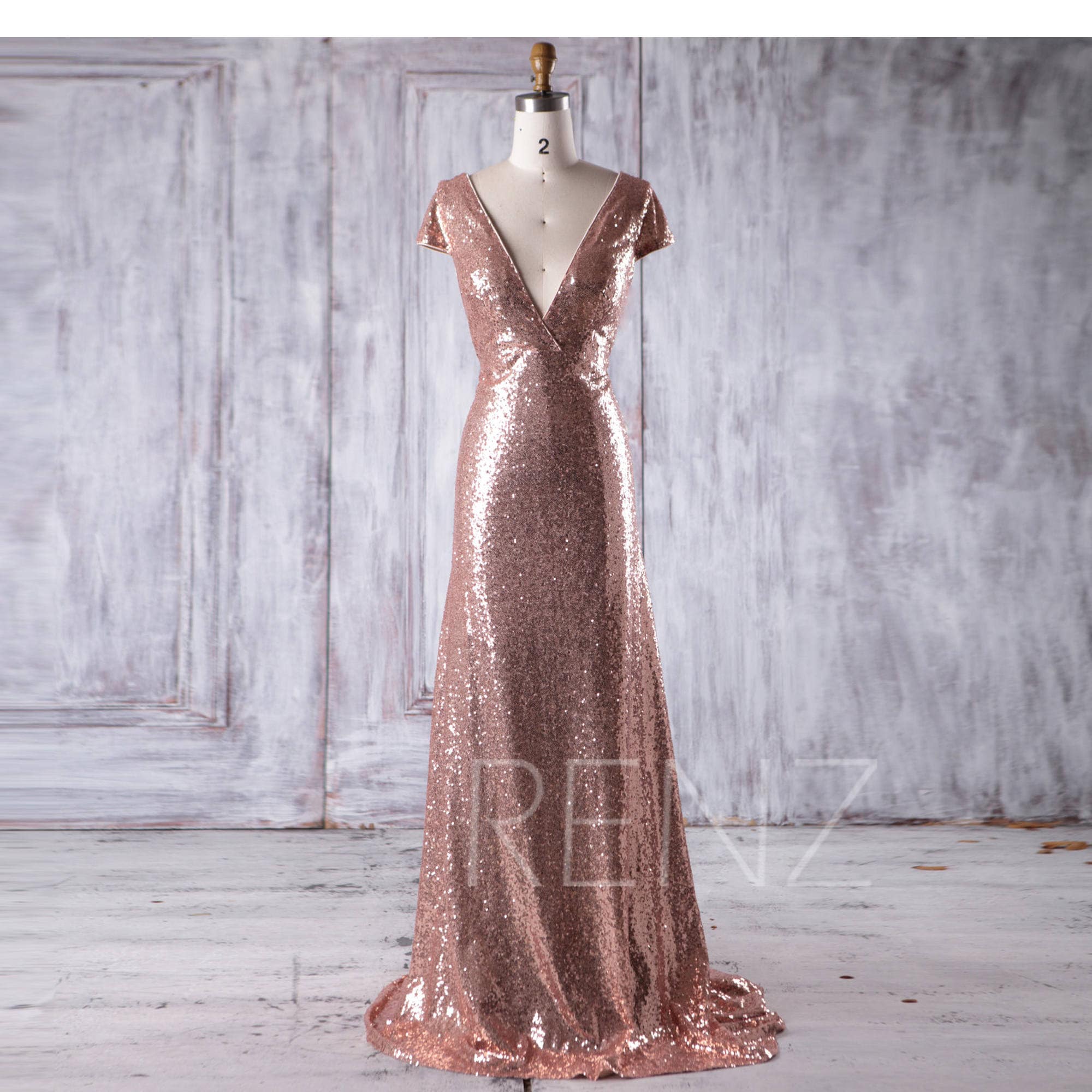 Rose Gold Sequin Bridesmaid Dress Train Sexy Deep V Neck | Etsy