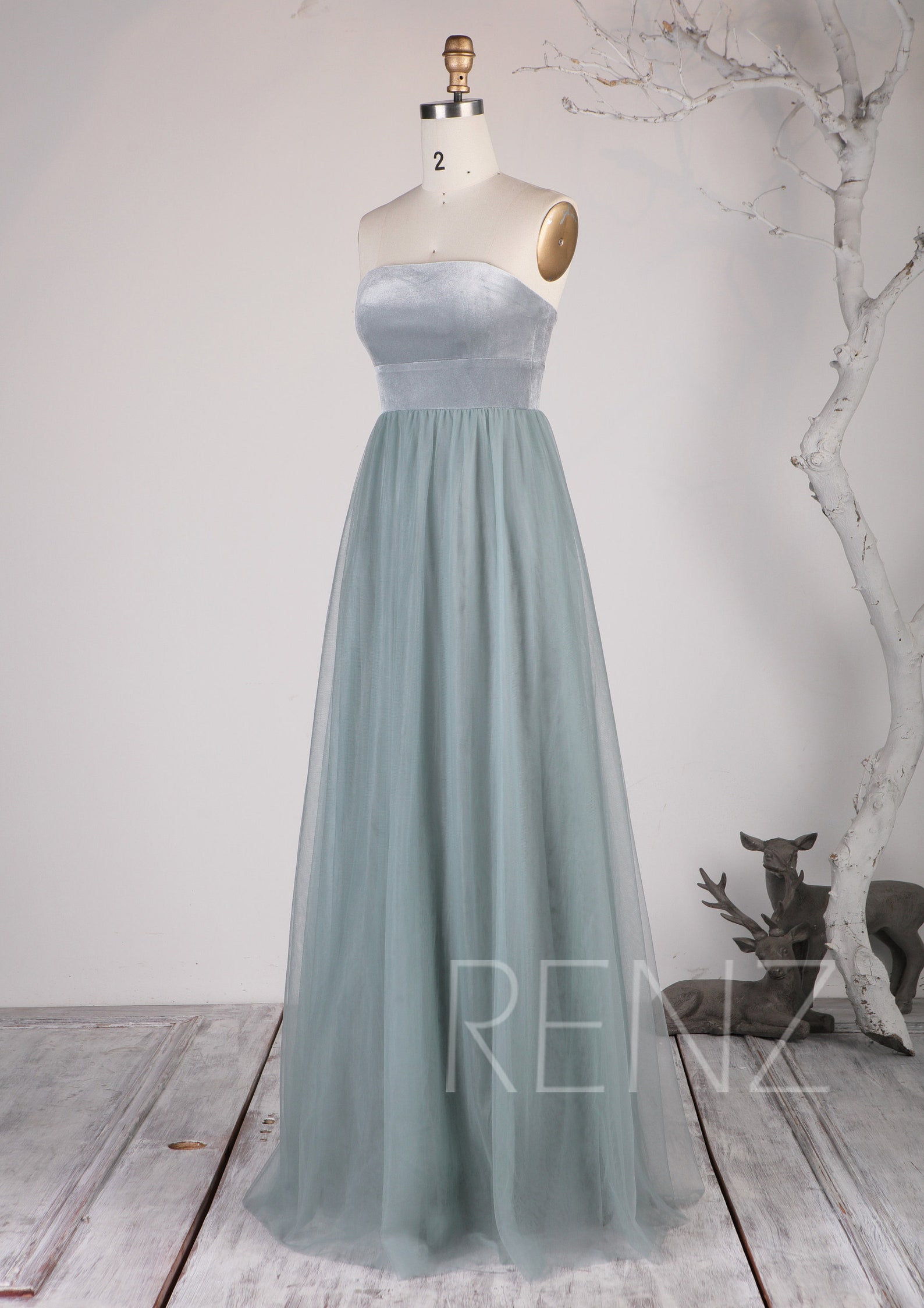 Dusty Blue Velvet Bridesmaid Dress Wedding Dress Strapless Etsy