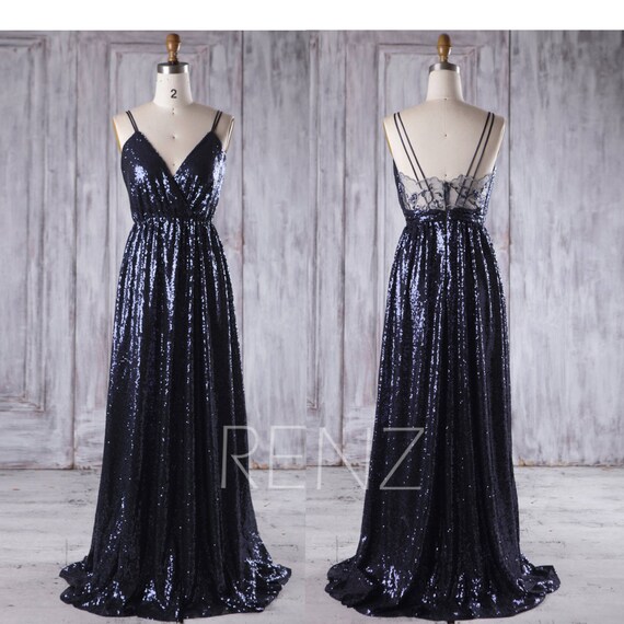 Party Dress Navy Blue Sequin Bridesmaid Dress Deep V Neck Prom | Etsy
