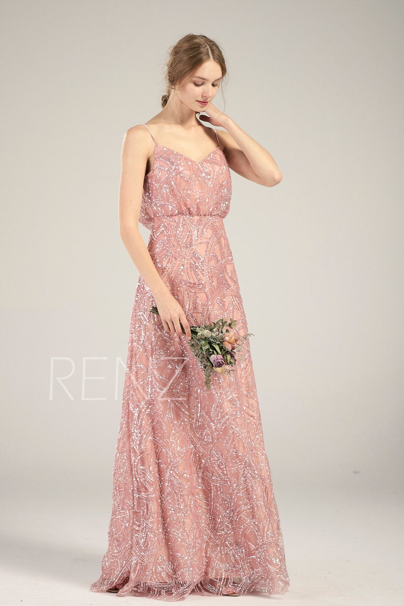 Dusty Rose Sequin Bridesmaid Dress V Neck Wedding Dress Etsy