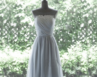 Chiffon Bridesmaid Dress, Medium Gray Cocktail Dress,Illusion Bateau Neck Short Prom Dress,Lace Formal Dress Tea Length(F265)-Renzrags