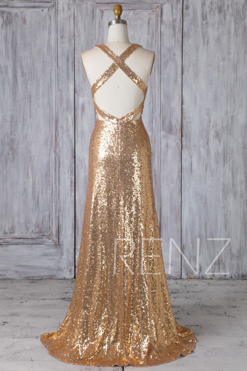Gold Sequin Dress V Neck Gold Bridesmaid Dress Long Open Back | Etsy
