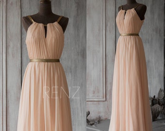 Peach Chiffon Bridesmaid Dress,Sleeveless Maxi Dress,Wedding Dress,Ruched A Line Evening Dress,Mix & Match Party Dress(F066A1)-Renzrags