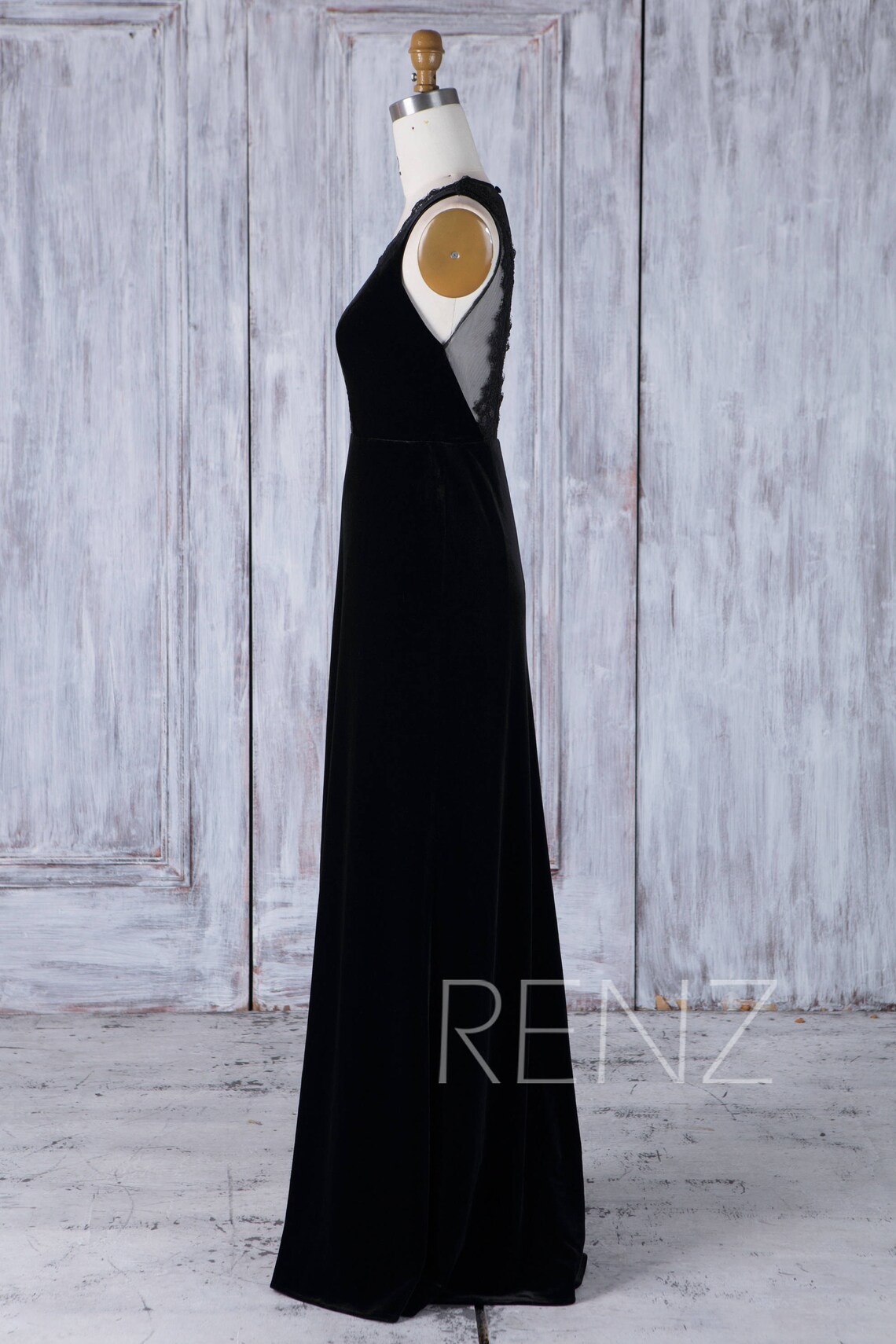 Black Velvet Bridesmaid Dress Wedding Dress Illusion Lace V Etsy