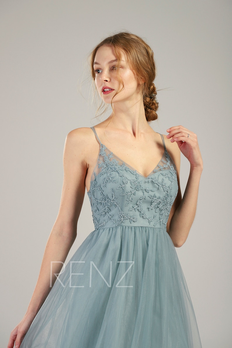 Bridesmaid Dress Dusty Blue Lace Wedding Dress V Neck Spaghetti Strap Illusion Lace-up Back A-line Tulle Prom Dress -HS736 Ready-to-Ship