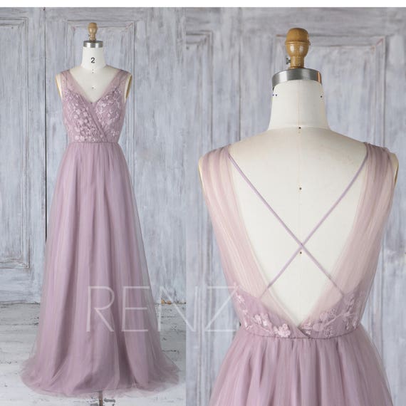 Bridesmaid Dress Dark Mauve Tulle V Neck Illusion Lace Wedding | Etsy
