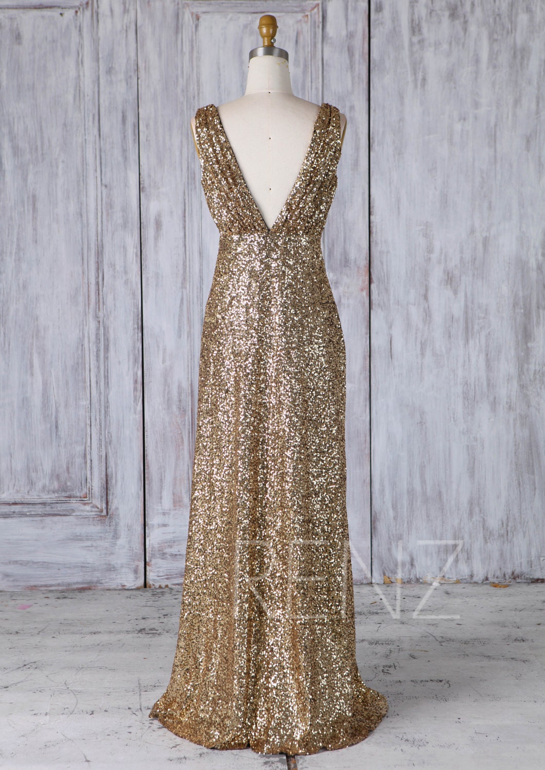 Bridesmaid Dress Gold Sequin Dress V Neck Wedding Dress Slit | Etsy