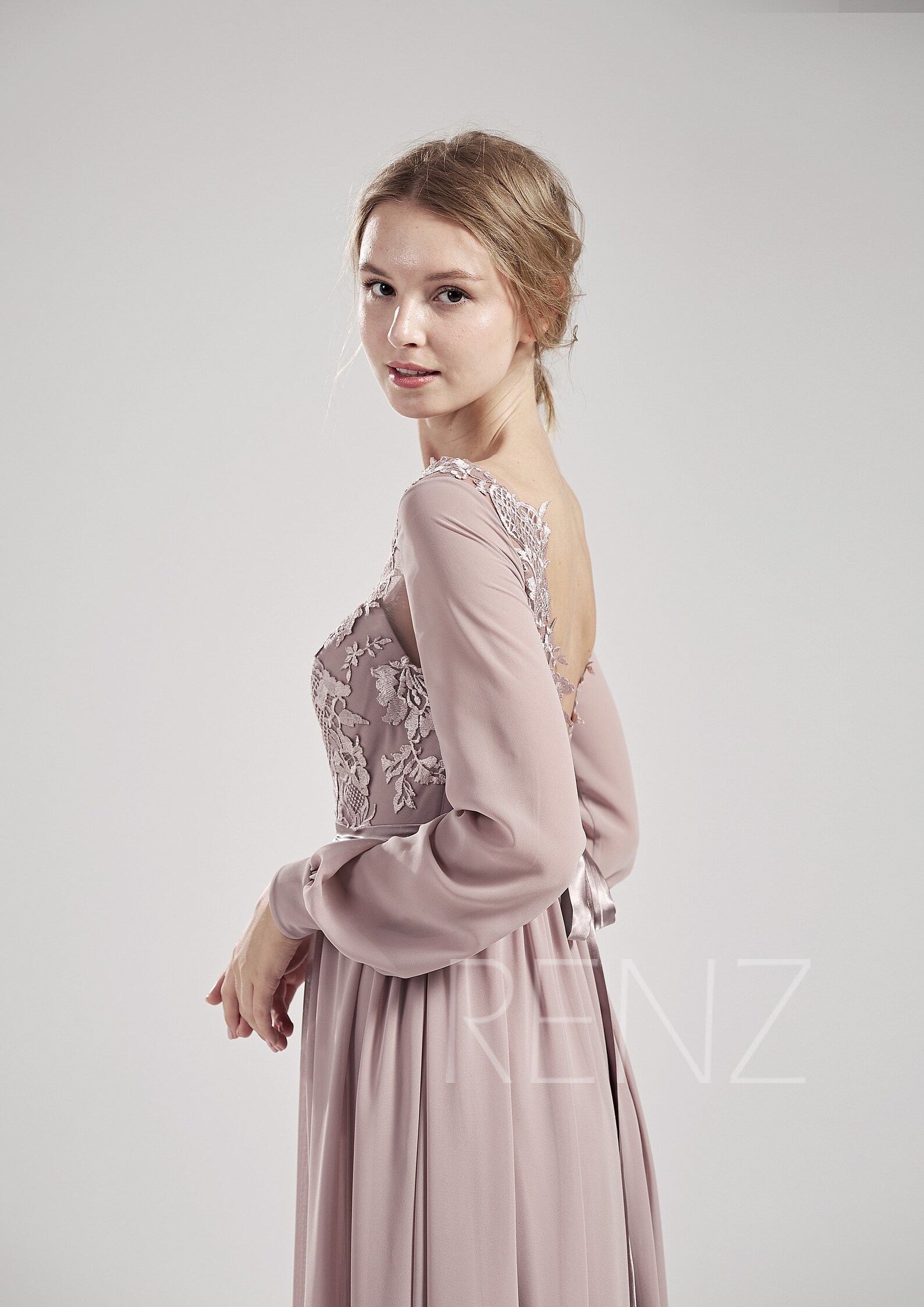 Bridesmaid Dress Mauve Wedding Dress Long Sleeves Chiffon Prom Etsy