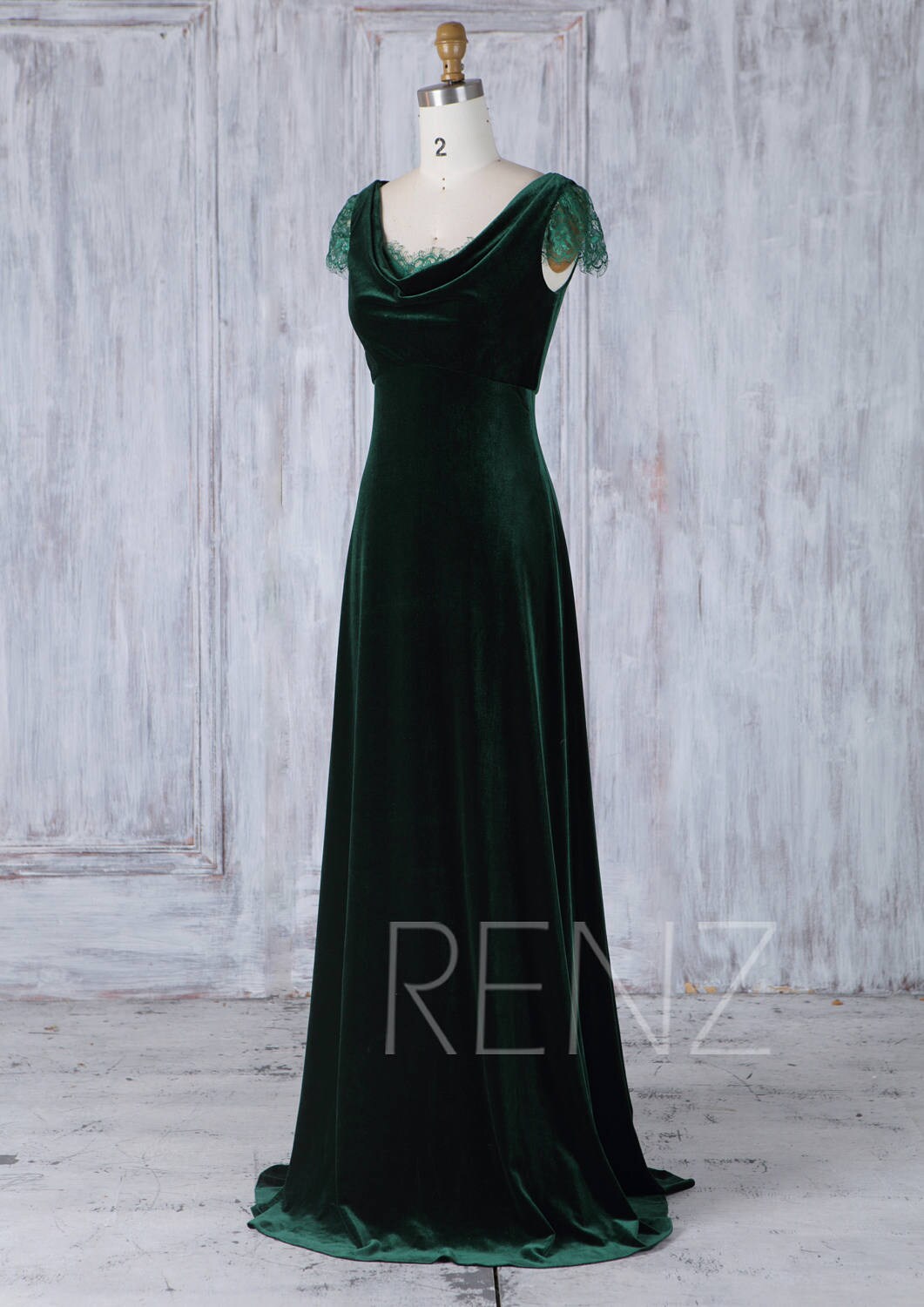 Bridesmaid Dress Dark Green Velvet Wedding Dress Lace Cap Etsy