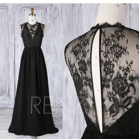 Bridesmaid Dress Black Chiffon Wedding Dress Illusion Deep V Etsy
