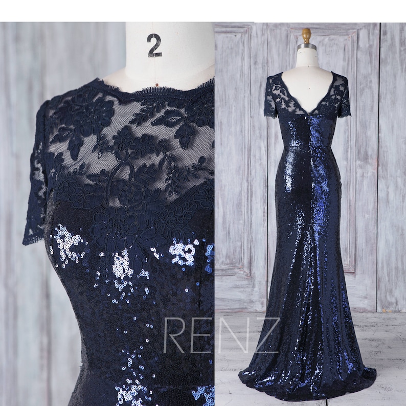 HQ448 Navy Blue Sequin Bridesmaid Dress Lace Illusion Sweetheart Wedding Dress Short Sleeve Mother of Bride Dress Fitted Long Evening Dress