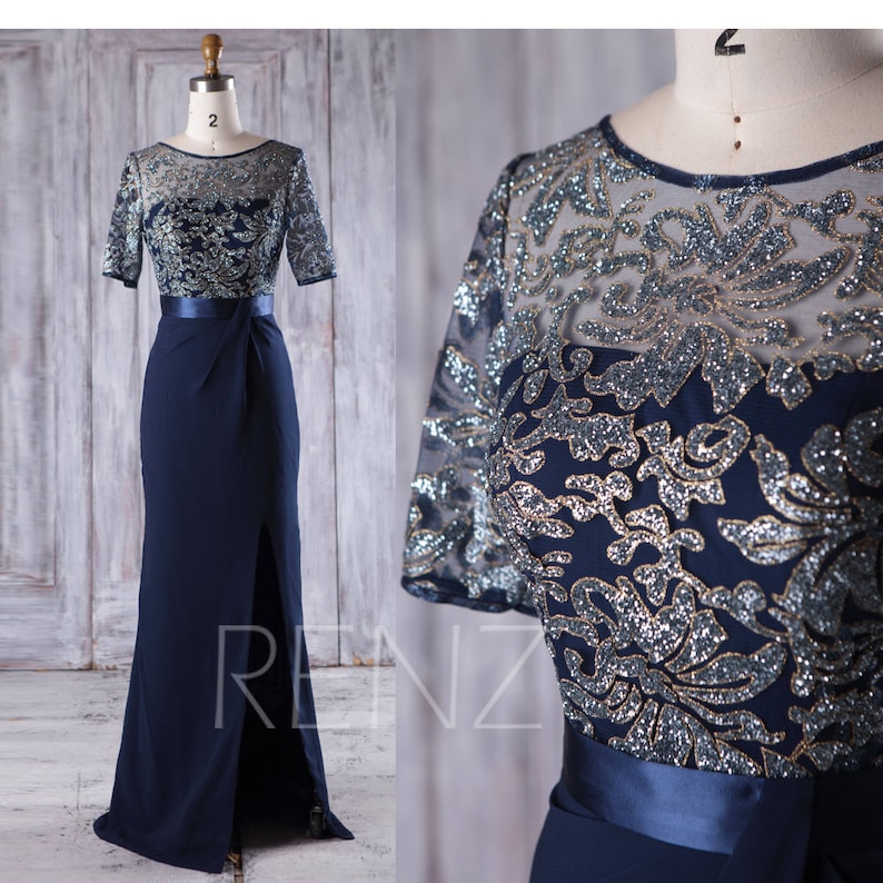 Mother of Bride Groom Maxi Dress Navy Chiffon Bridesmaid Dress Straight Across Wedding Dress Short Sleeve Fitted Long Evening Dress JQ181