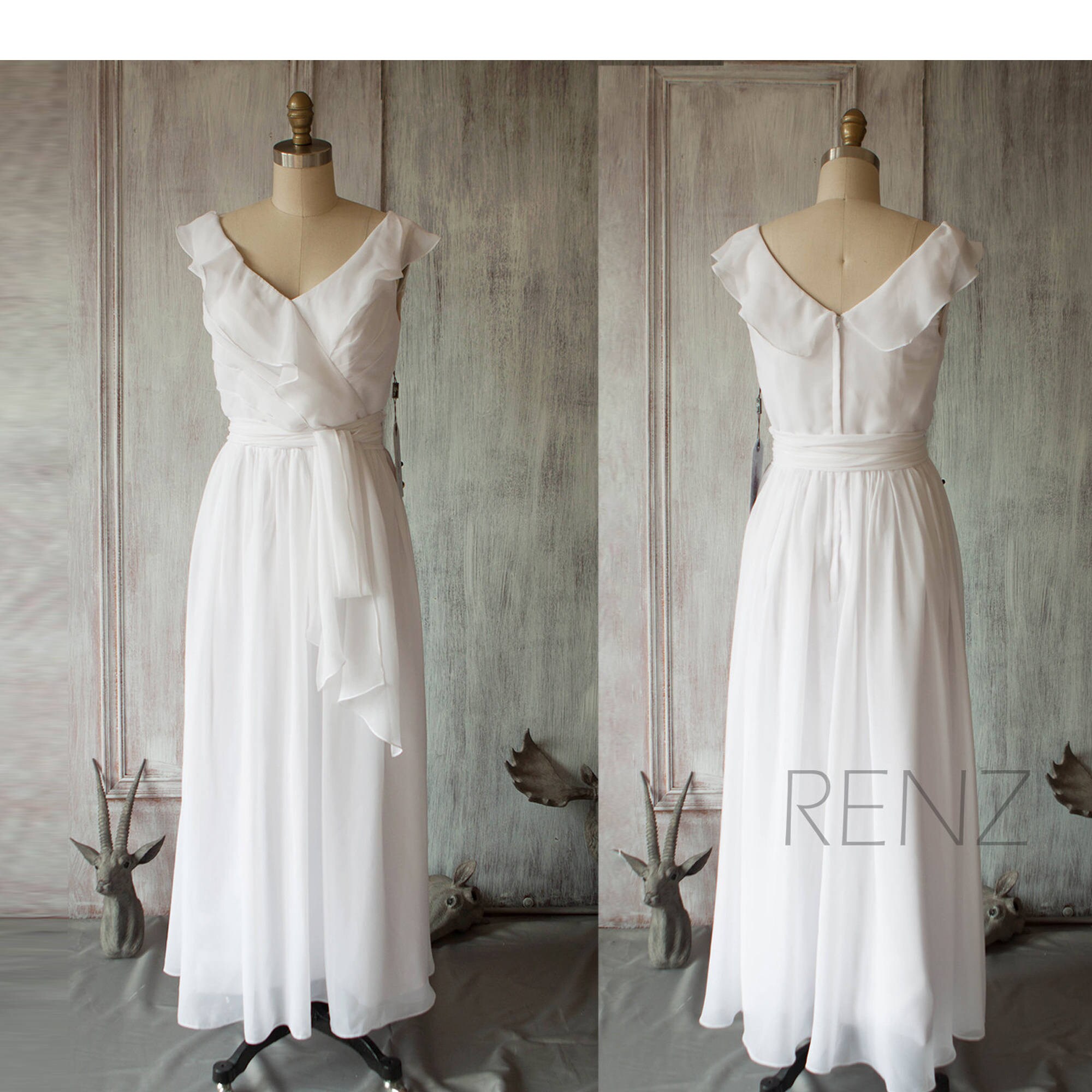 Off White Bridesmaid Dress Ruffled V neck Wedding Dress
