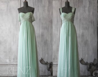 Dusty Mint Bridesmaid Dress, Long Chiffon Dress, Off Shoulder Wedding Dress Empire Waist, Formal Dress Floor Length (F041)-Renzrags