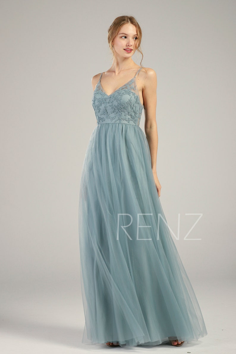 Bridesmaid Dress Dusty Blue Lace Wedding Dress V Neck Spaghetti Strap Illusion Lace-up Back A-line Tulle Prom Dress -HS736 Ready-to-Ship