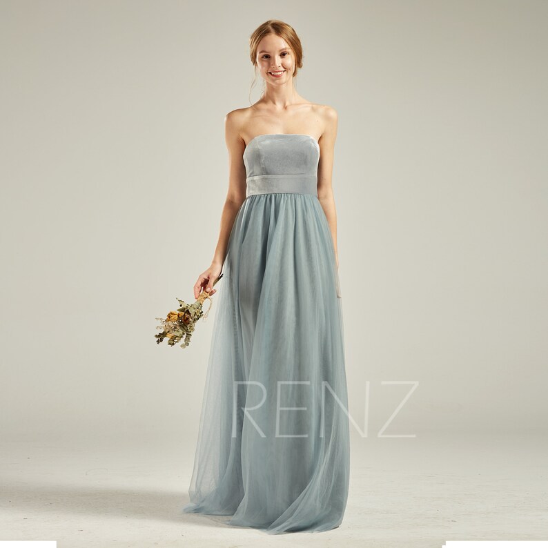 Dusty Blue Velvet Bridesmaid Dress Wedding Dress Strapless Etsy