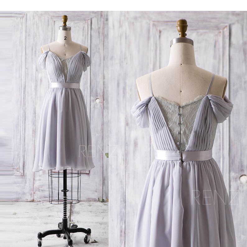 Z080 Party Dress Light Gray Chiffon Bridesmaid Dress Lace Off the Shoulder Prom Dress V Neck A-Line Short Grey Bridesmaid Dresses