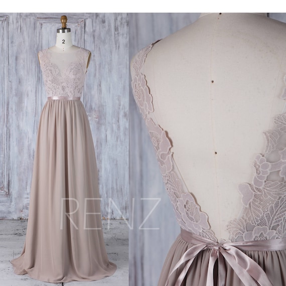Bridesmaid Dress Taupe Long Lace Boho Wedding Dress V Back Etsy